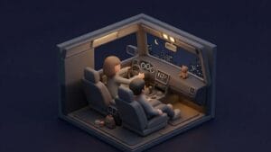 어두운 조명의 차량 내부에서 여성이 운전하고 남성이 조수석에 앉아 있는 장면이다.