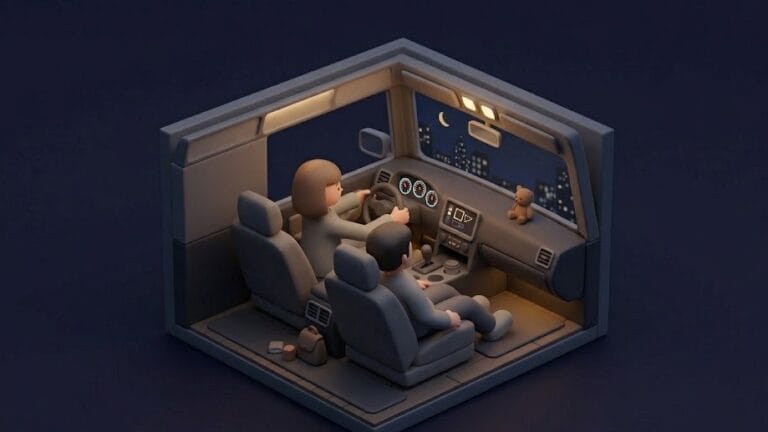 어두운 조명의 차량 내부에서 여성이 운전하고 남성이 조수석에 앉아 있는 장면이다.