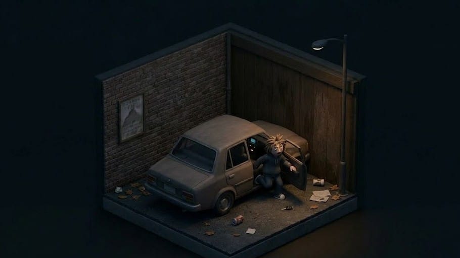 어두운 밤 차량에 몰래 타는 듯한 여성을 표현한 미니멀 일러스트 이미지