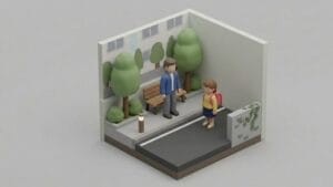 초등학생 앞에 서있는 남자