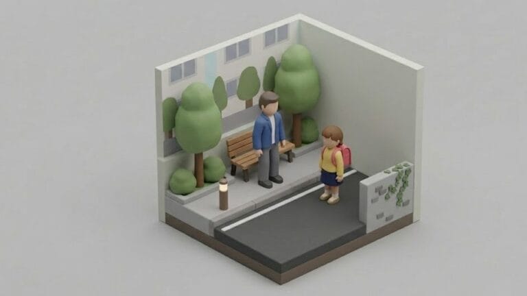 초등학생 앞에 서있는 남자