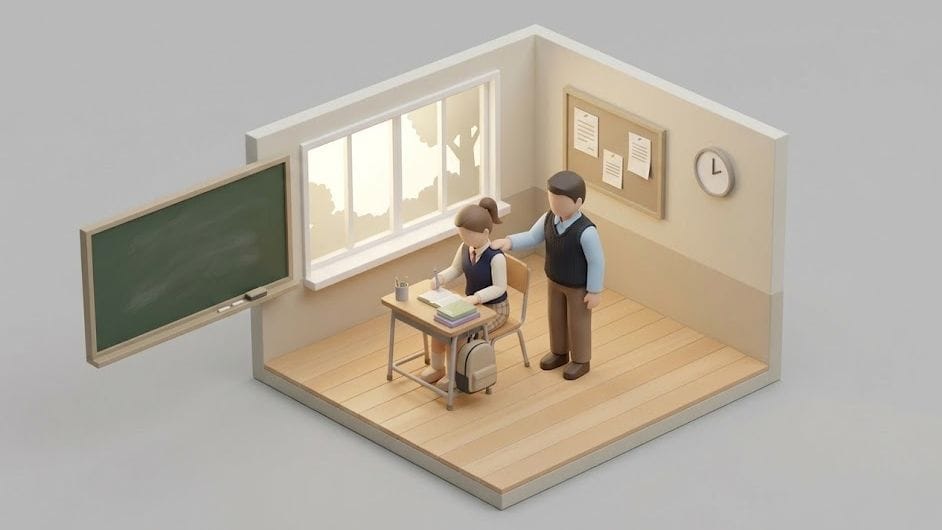 학원 강사가 여학생 어깨를 두드리는 이미지